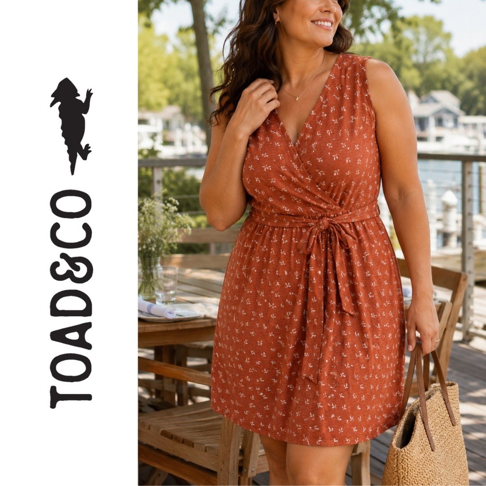 Toad & Co, Rust Orange Leaf Print Organic Cotton Blend Tie Wrap Dress Size XL